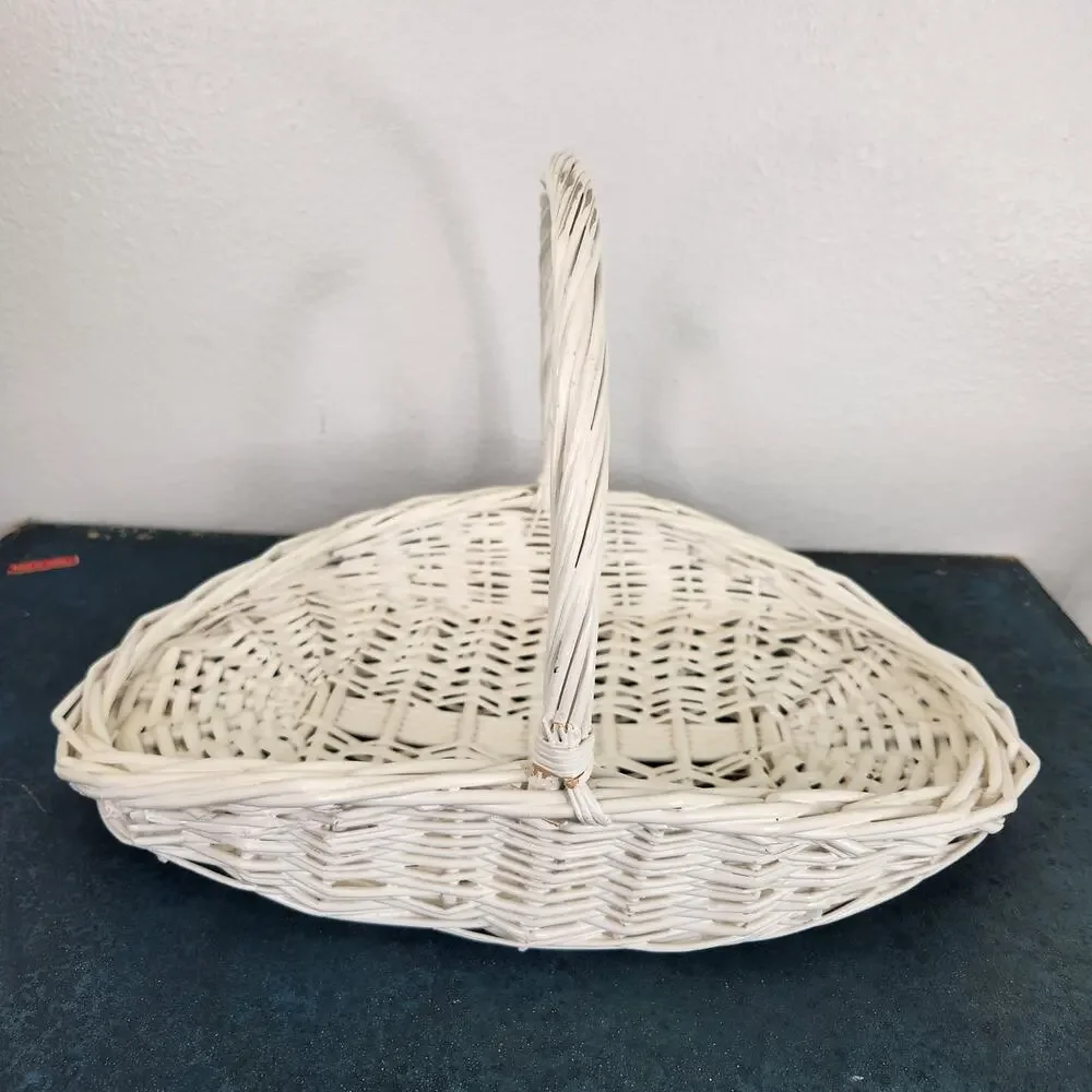 Vintage White Flat Wicker Gathering Basket With Handle Harvest Garden Farmhouse